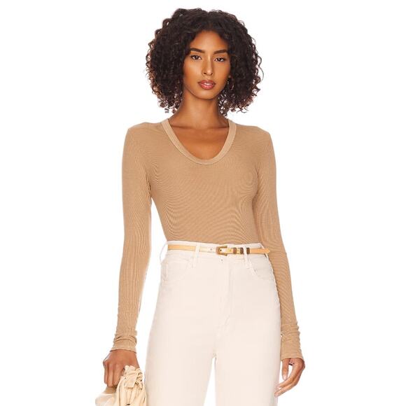 Enza Costa Tops - Enza Costa Sand Tan Ribbed U Neck Long Sleeve Top